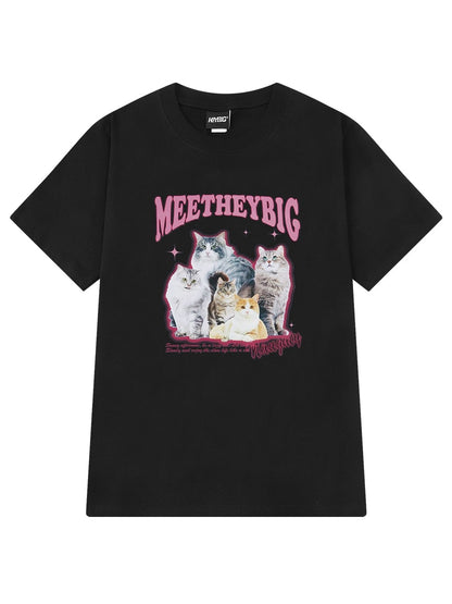 Trendy high street cat print American short-sleeved T-shirt for men and women spring and summer 2024 new loose half-sleeved cotton T-shirt