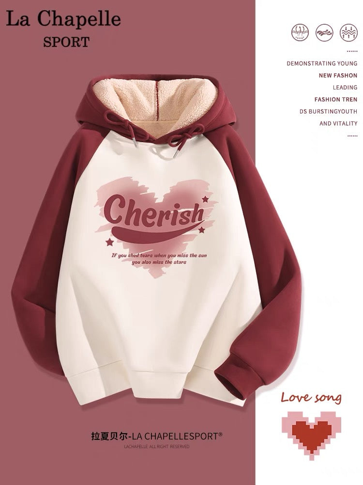 La Chapelle Sweater Women's 2023 New Hot Style American Hooded Raglan Sleeve Autumn and Winter Velvet Jacket Spring and Autumn Style W
