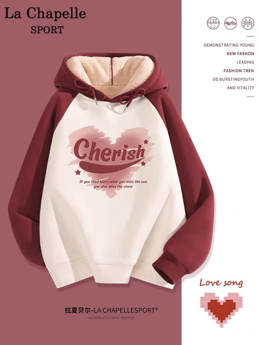 La Chapelle Sweater Women's 2023 New Hot Style American Hooded Raglan Sleeve Autumn and Winter Velvet Jacket Spring and Autumn Style W