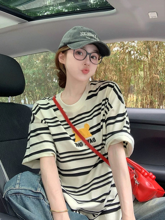 Striped short-sleeved T-shirt for women 2025 new summer American bear embroidery design loose trendy half-sleeved top