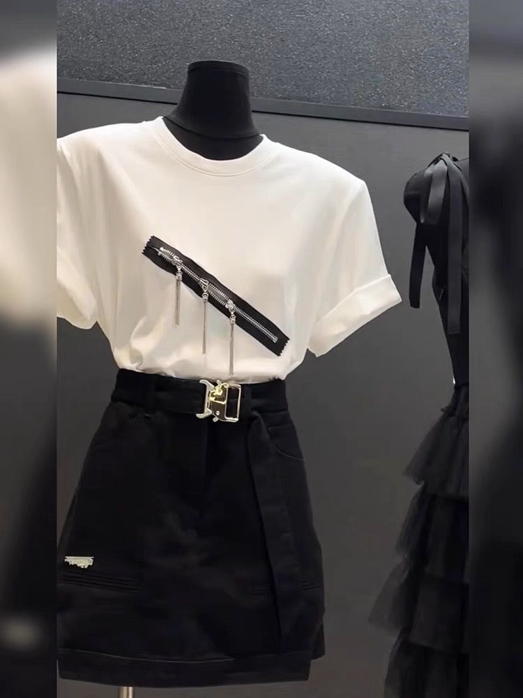 2023 summer new American style retro high waist slim denim skirt fashion all-match white T-shirt women's suit