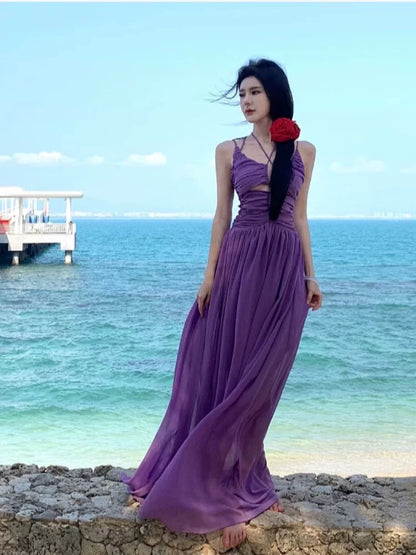 French light luxury high-end deep V purple chiffon suspender dress female summer seaside holiday style sexy long dress