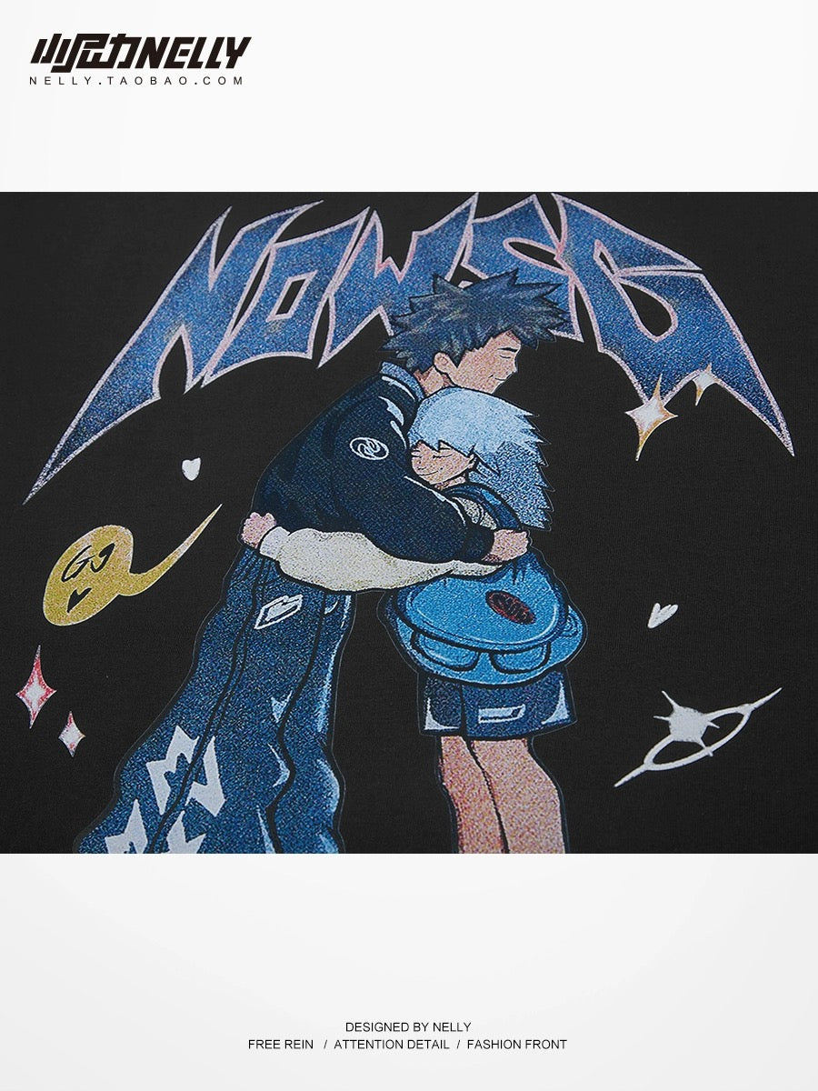 Pure cotton national fashion American high street oversize anime couple short-sleeved T-shirt men and women spring lazy niche tops