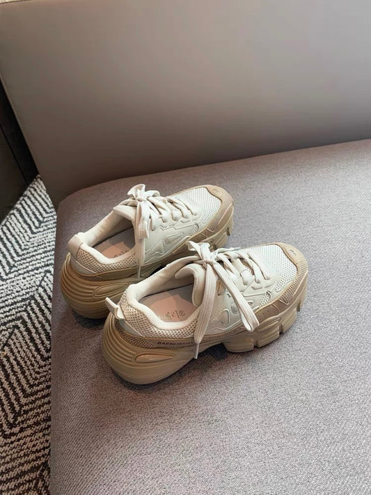 Sports casual shoes women's 2023 new fashion lace-up mesh breathable comfortable genuine leather thick-soled women's old shoes