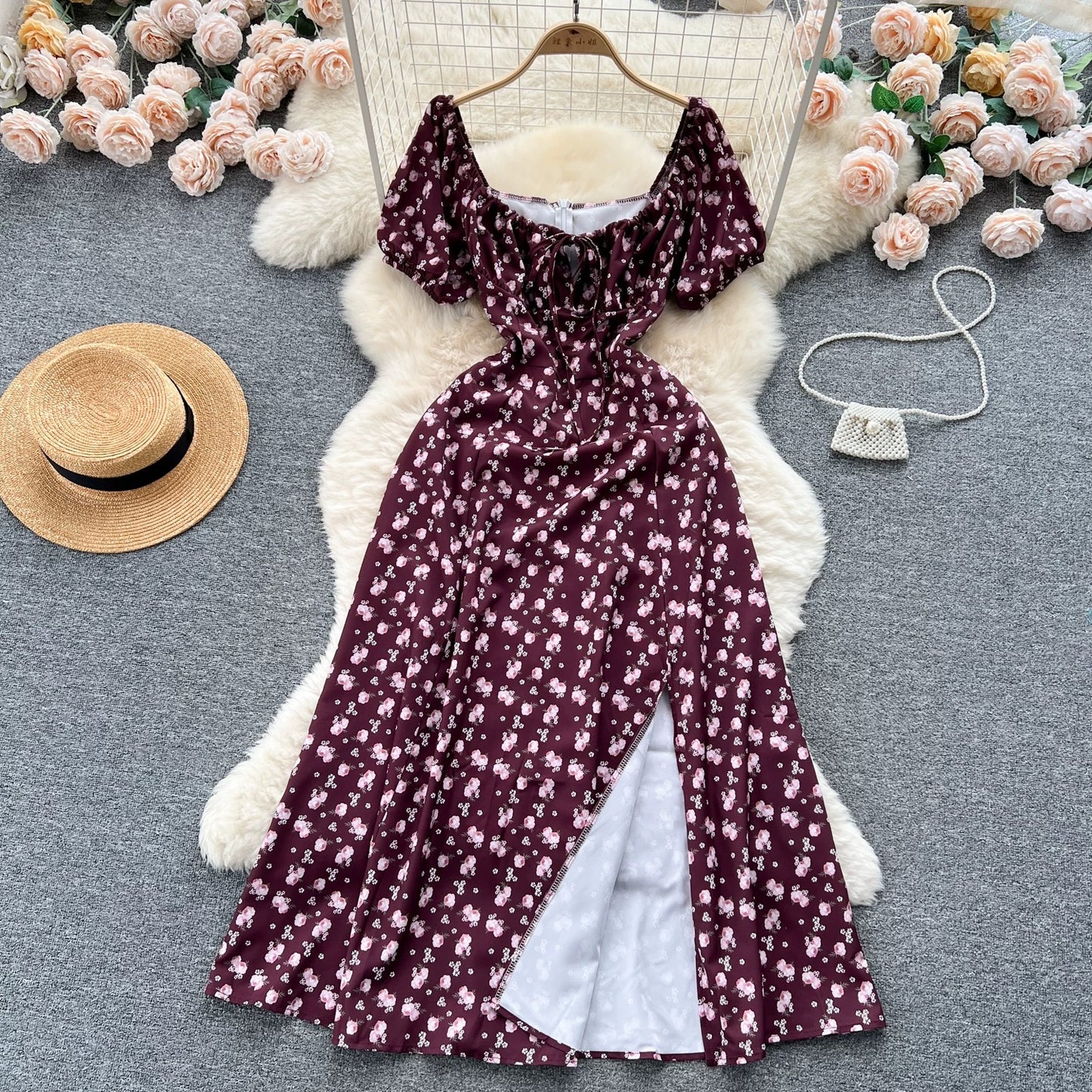French pure desire high-grade floral puff sleeve dress for women summer slim temperament super fairy forest style slit long skirt