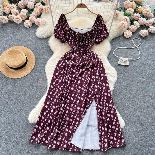French pure desire high-grade floral puff sleeve dress for women summer slim temperament super fairy forest style slit long skirt