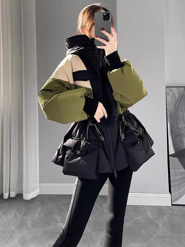 Contrast color down jacket 2023 new women's winter waist slimming mid-length white duck down thickened short jacket