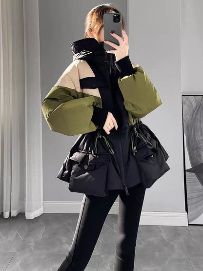 Contrast color down jacket 2023 new women's winter waist slimming mid-length white duck down thickened short jacket