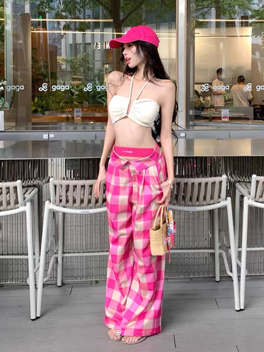 Seaside wear sexy hot girl tube top halter neck camisole suit female plaid wide-leg casual trousers two-piece set