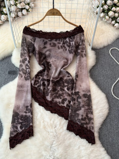 Amorous tops for summer women rose print lace splicing mesh bottoming shirts for women 2024 new style trend