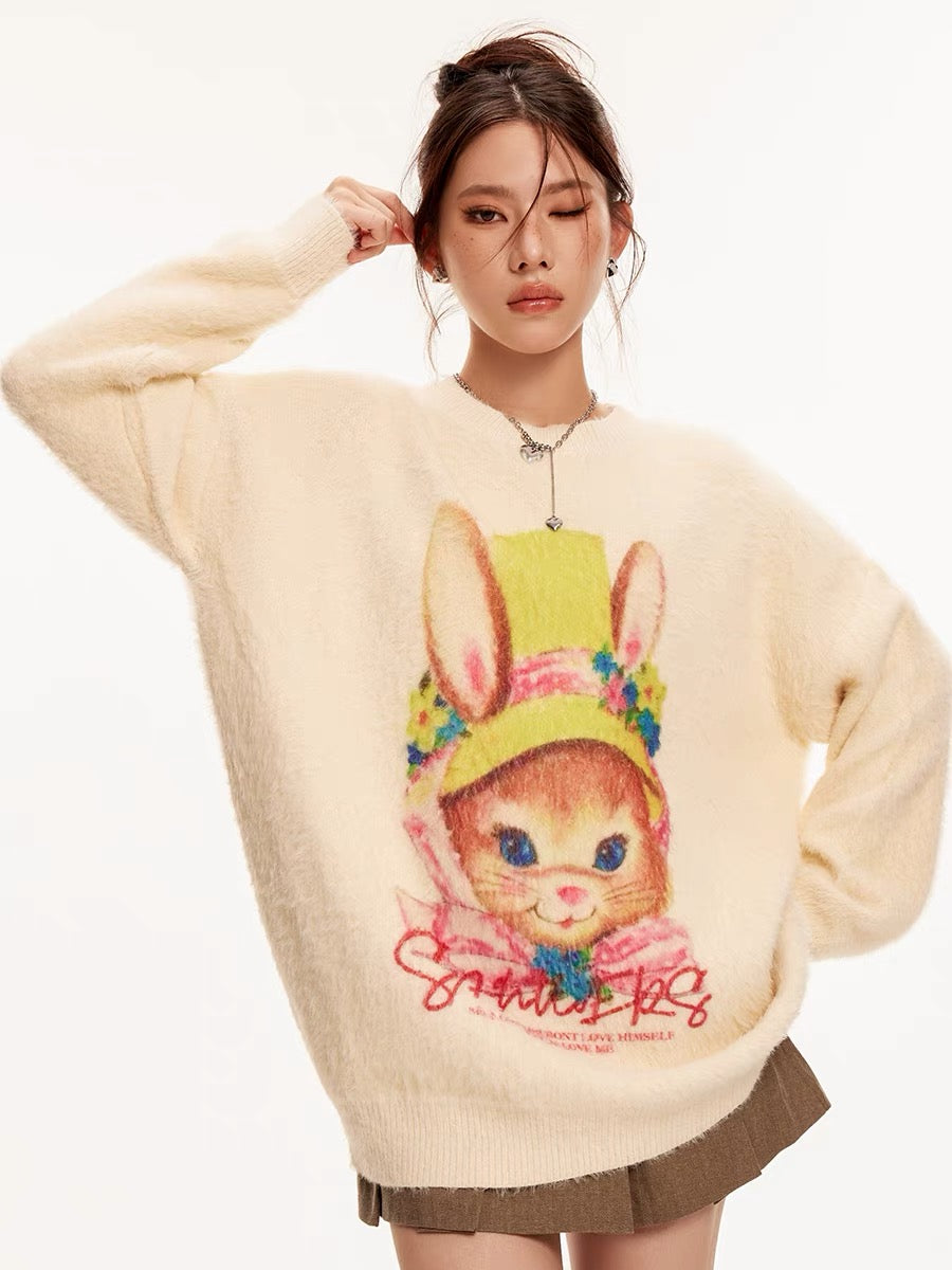 Sanowers cute cartoon rabbit print imitation rabbit velvet sweater women's new autumn loose lazy style knitted top (S0559)