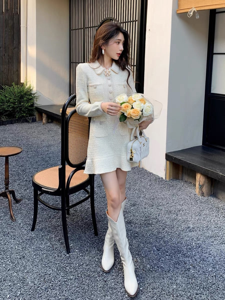 2023 autumn and winter socialite daughter Xiaoxiang style French gentle and sweet knitted lapel long-sleeved dress sweater short skirt (D172)
