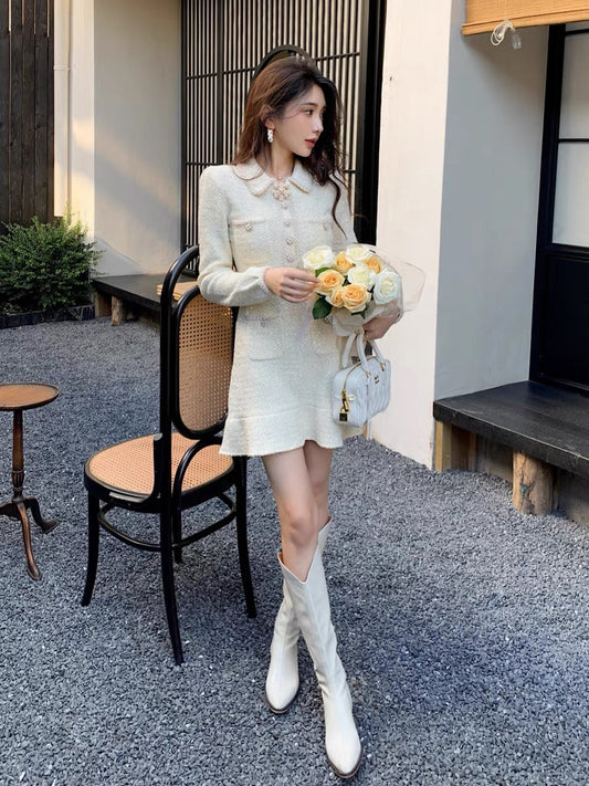 2023 autumn and winter socialite daughter Xiaoxiang style French gentle and sweet knitted lapel long-sleeved dress sweater short skirt (D172)