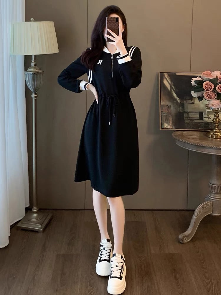 Fashionable Casual Western Dress 2023 Autumn and Winter New Zipper Collar Black and White Contrast Color Adjustable Drawstring Skirt for Women D5594