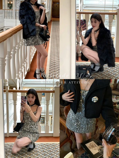LATTITUDE/Yang Xiaolu black and silver sequin suspender hot girl sexy A-line skirt dress