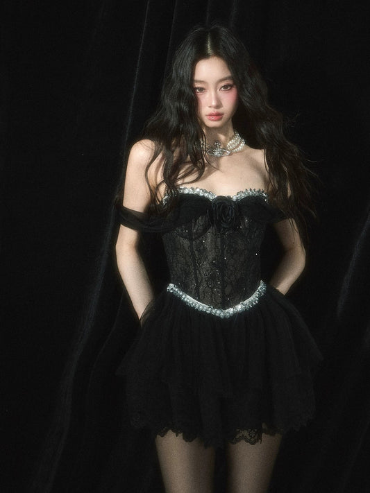 #Delulu Qianjin One-shoulder French lace sexy dress for women autumn and winter waisted puffy skirt short skirt