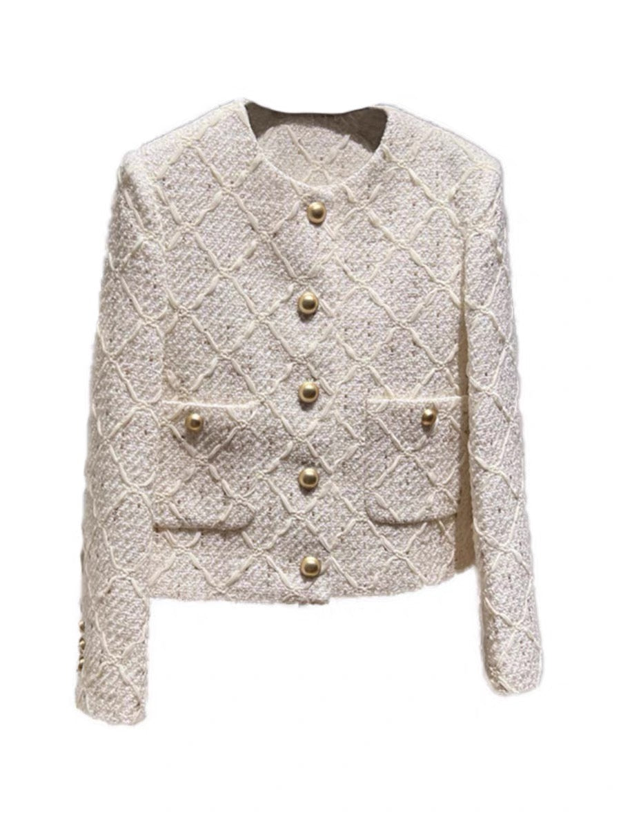 High-end rough French style jacket for women 2023 new autumn celebrity tweed temperament round neck top