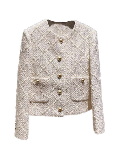 High-end rough French style jacket for women 2023 new autumn celebrity tweed temperament round neck top
