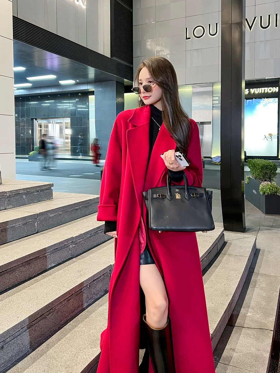 Red double-sided cashmere coat for women mid-length 2023 autumn and winter new style over-the-knee loose temperament wool coat