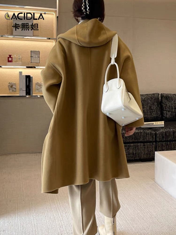Double-sided woolen cashmere coat women's mid-length woolen coat 2023 autumn and winter new loose hooded wool coat