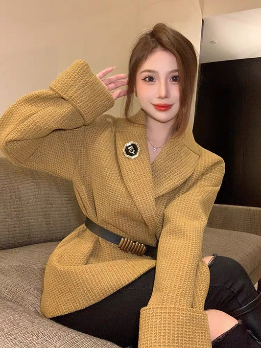 2023 new autumn woolen jacket design, waisted and loose, Korean style chic fashionable lady tops for women