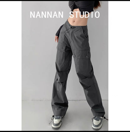 Yuppie hotties walking the streets low-waist drawstring pink overalls for women ins trendy loose American leg-tie straight wide-leg pants