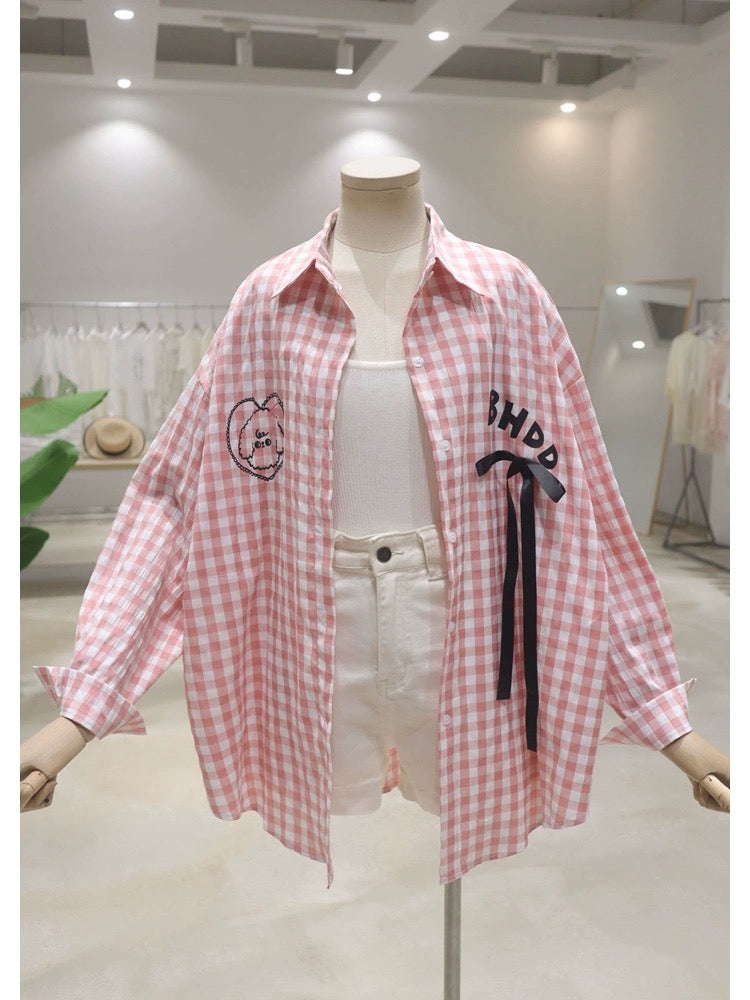 Breathable bow back cartoon lamb 2024 summer loose medium and long plaid thin long-sleeved shirt for women