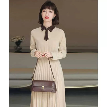Autumn and winter 2023 new women's clothing plus size French waist small fragrant style bottoming pleated dress shirt long skirt