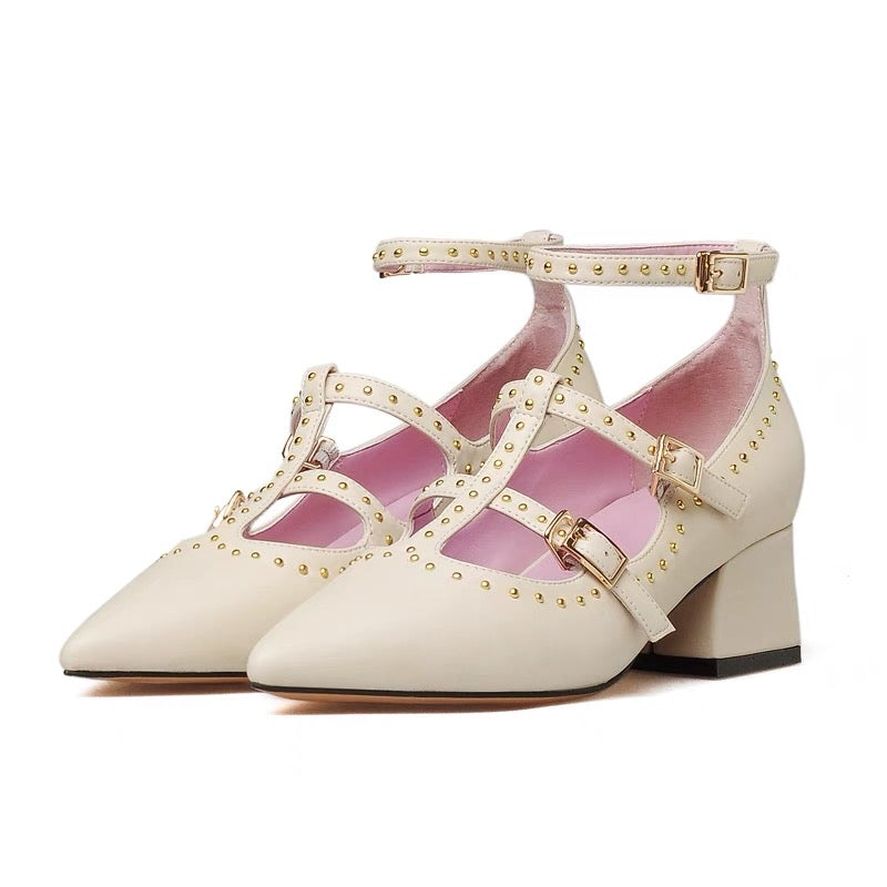 Women's spring rivet high-heeled shoes thick-heeled leather single shoes pointed-toe Mary Jane shoes mid-heel one-word buckle small size 33 straps