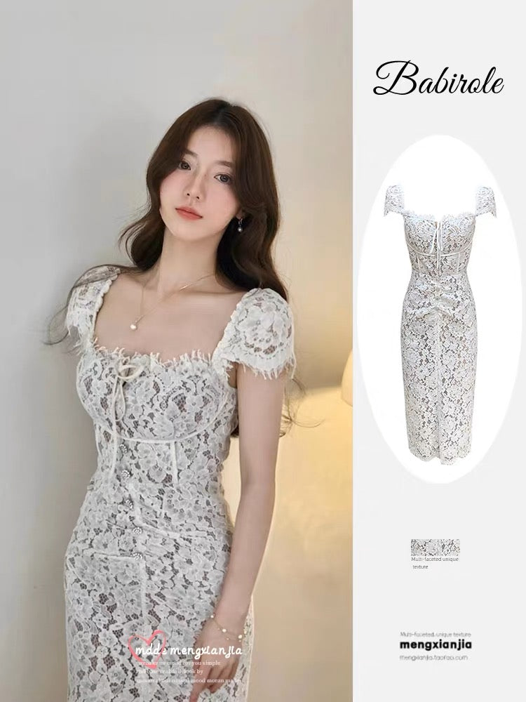 Sweet, Chic and Stunning Sweet Short Sleeve Women's Lace Dress Summer Women 2023 New French Hip Cover Long Skirt (S0932)