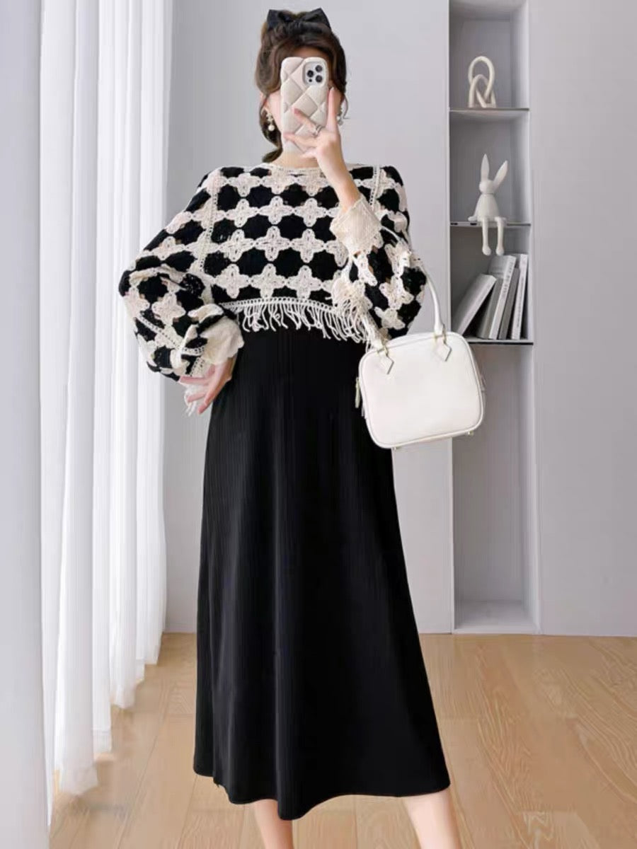 Maternity Autumn Clothing Set 2023 New Knitted Sweater Fashionable Maternity Clothing Trendy Mom Personalized Black Vest Dress