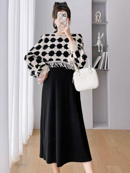 Maternity Autumn Clothing Set 2023 New Knitted Sweater Fashionable Maternity Clothing Trendy Mom Personalized Black Vest Dress