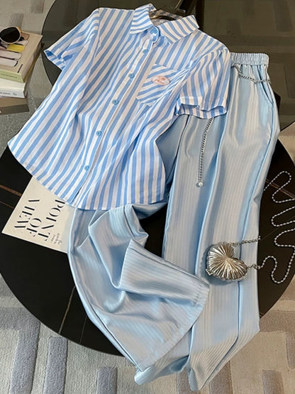 High-end fashion temperament short-sleeved casual sports suit for women summer 2023 new blue and white striped wide-leg pants two-piece set