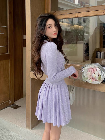 Autumn clothing is paired with a set of French gentle commuting purple sequined cardigan pleated skirt suit the same style as female stars