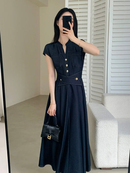 FT GUOGE imitation denim dress female 2024 summer new waist slimming temperament commuting long skirt
