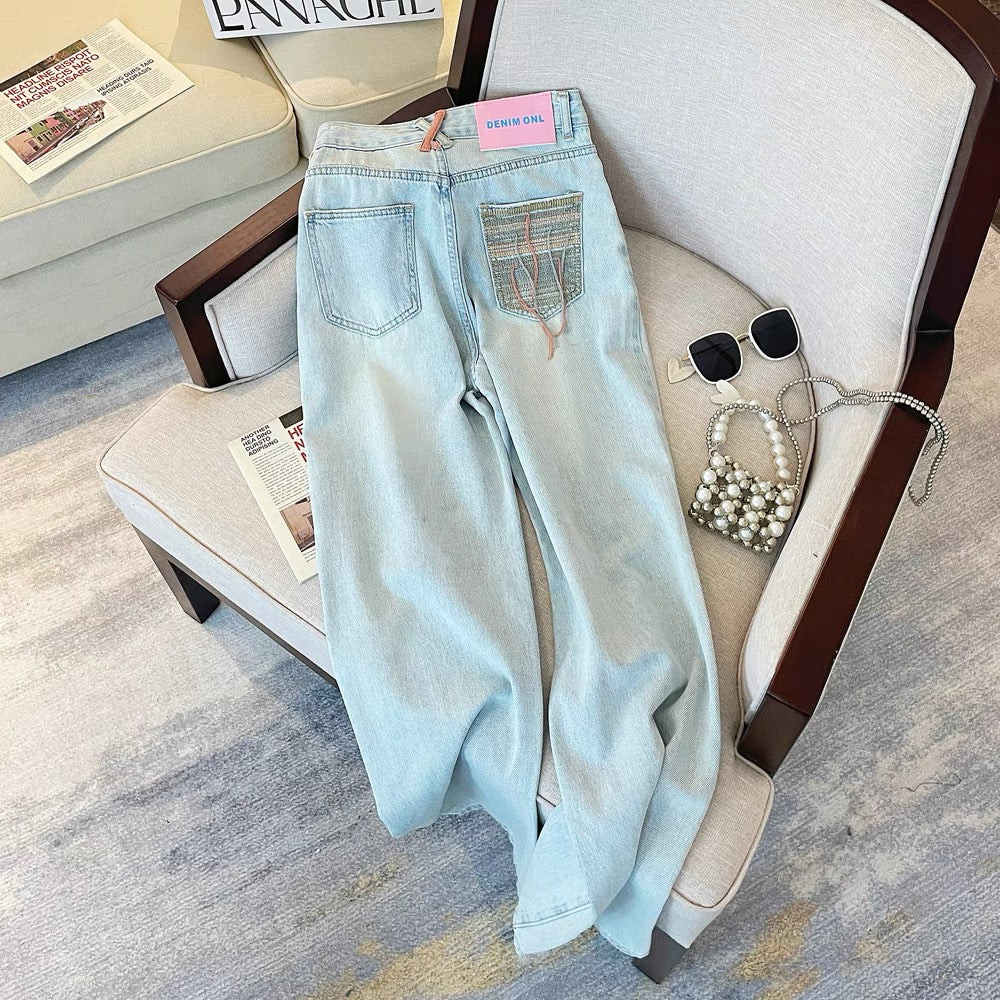Korean style design pocket embroidered jeans for women summer 2023 new retro style loose slimming ripped trousers