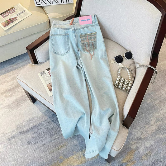 Korean style design pocket embroidered jeans for women summer 2023 new retro style loose slimming ripped trousers
