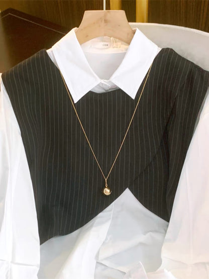 Early Autumn Hot Style 2023 Asymmetrical Cut Fake Two-piece Shirt Top Women's Chic Niche Commuting Polo Shirt V1126