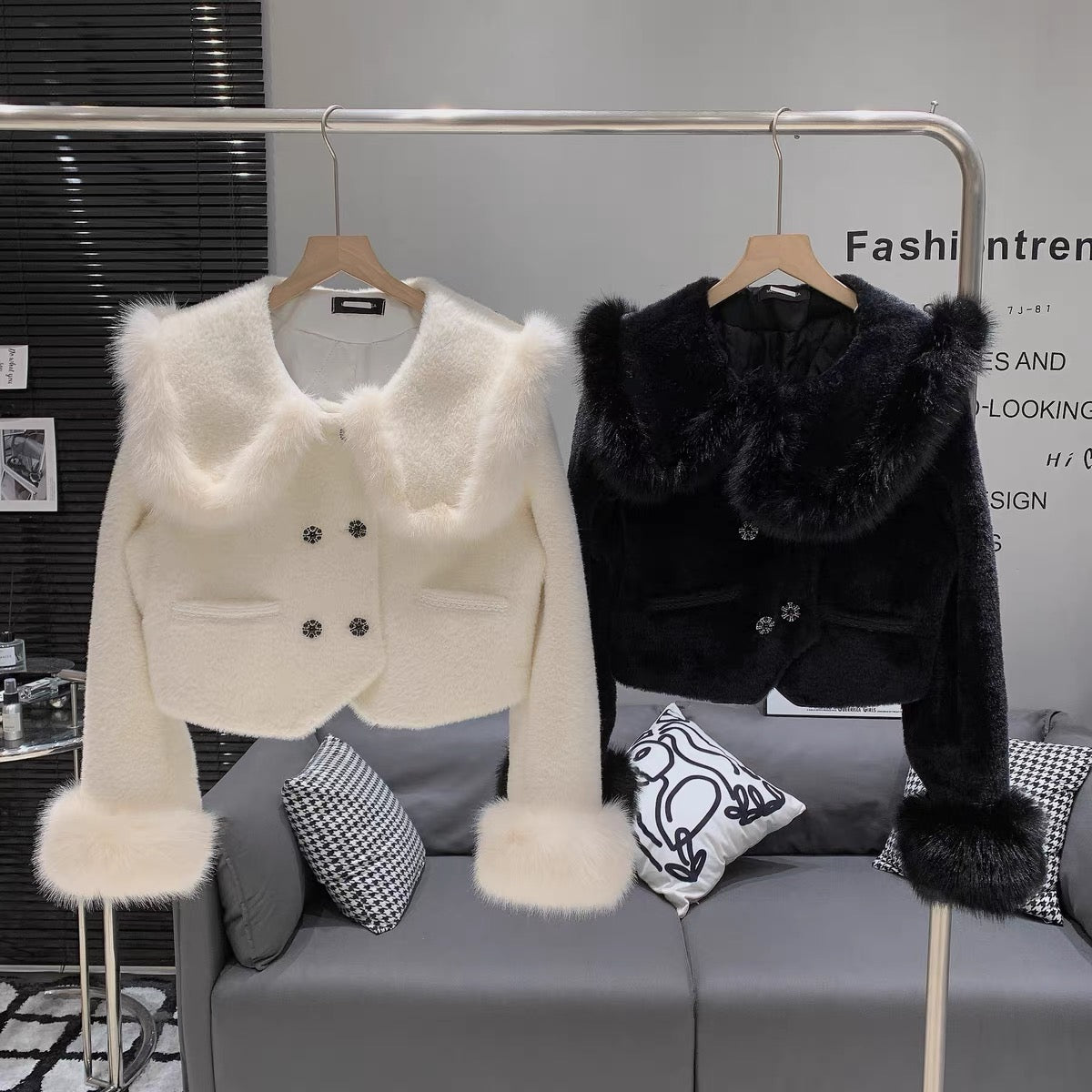 French luxury, elegant and high-end imitation mink fur large lapel warm and fashionable short long-sleeved coat for women
