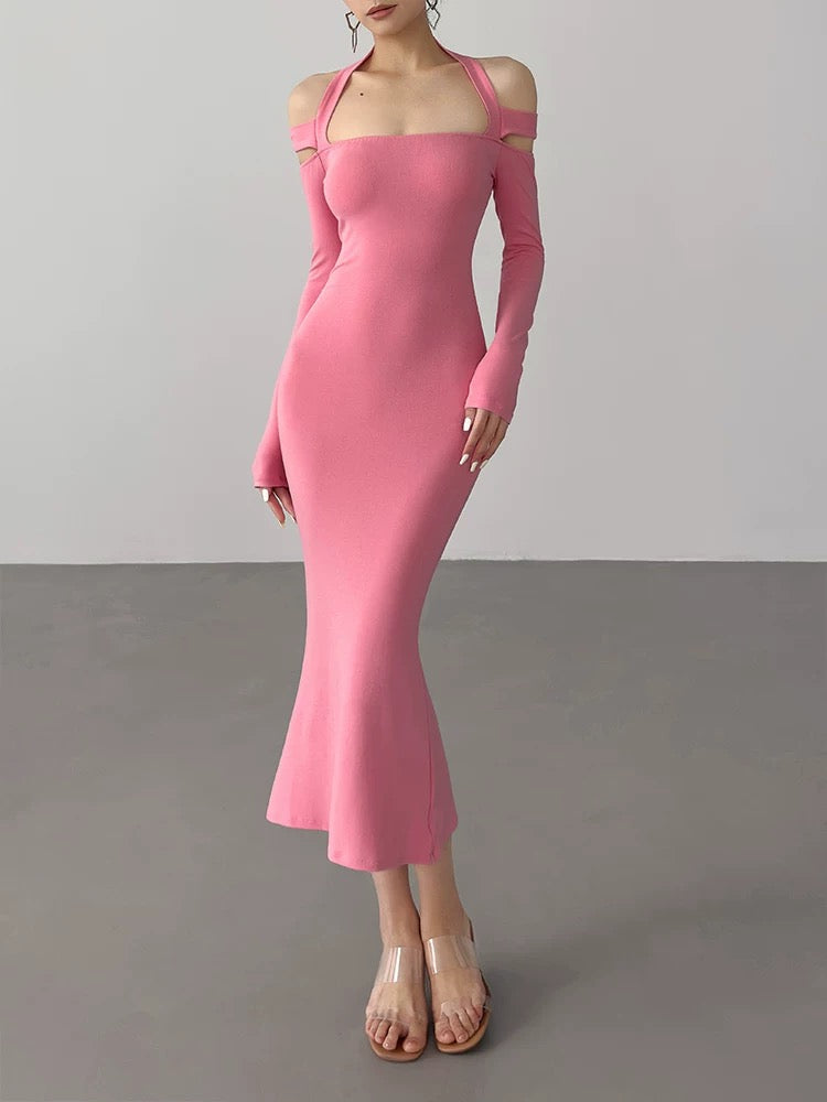 European and American knitted one shoulder dress long skirt