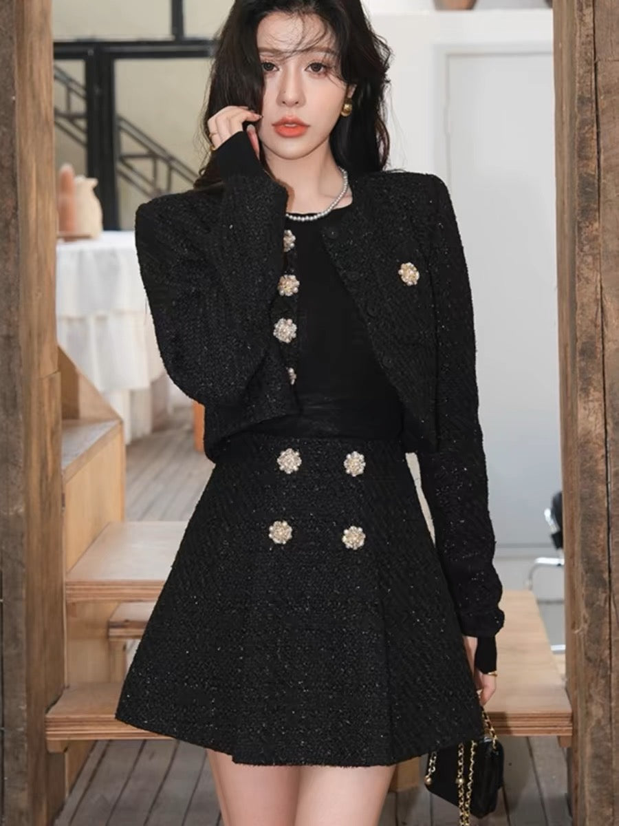 New clothes for early spring 2024! French style high-end black gold thin coat skirt suit for women S174