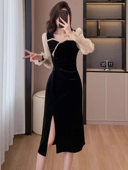 Autumn and winter fashionable ladylike spliced square collar ruffled contrasting slim fit velvet mid-length slit dress