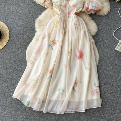 French one-shoulder tube top suspender dress for women in summer gentle style waist-cinching floral puff sleeves mesh fairy skirt