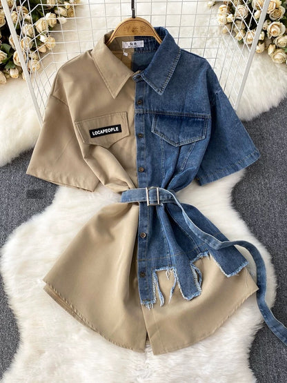 Contrast color lapel waist slimming A-line single-breasted shirt denim dress women's medium-length irregular T-shirt skirt