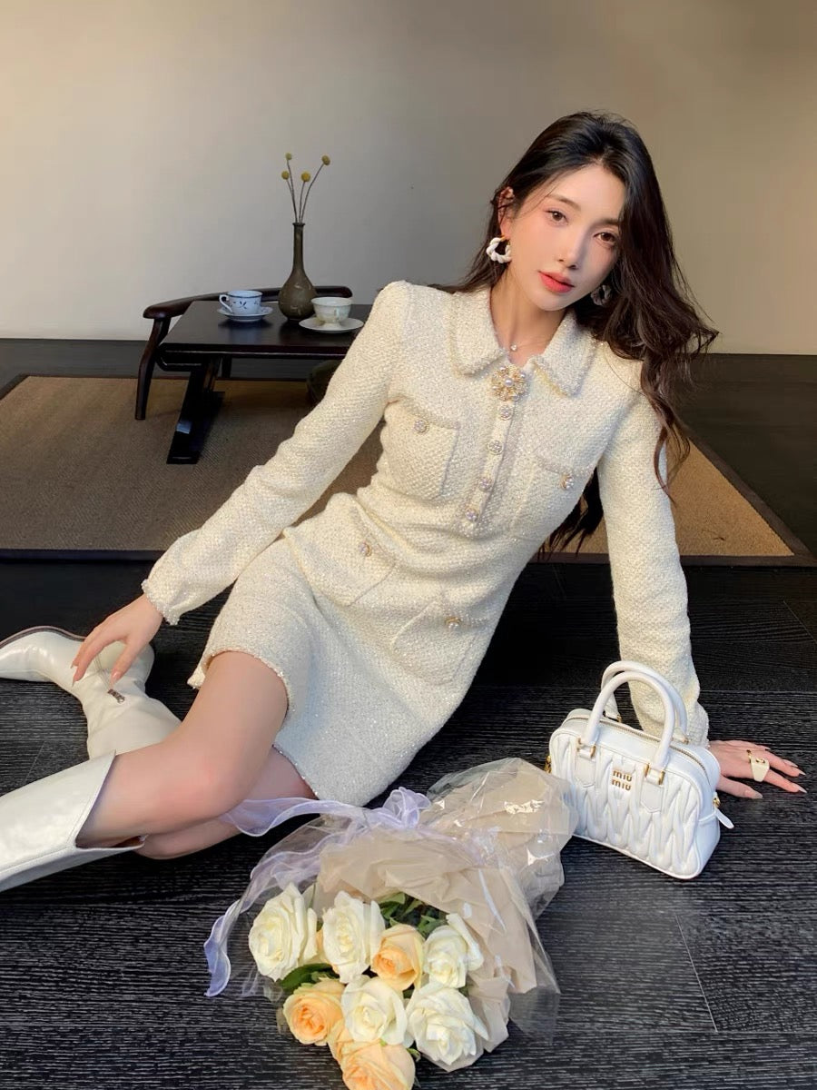 2023 autumn and winter socialite daughter Xiaoxiang style French gentle and sweet knitted lapel long-sleeved dress sweater short skirt (D172)