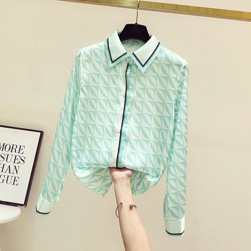 High-end light luxury silk printed shirt feminine temperament fashion foreign style long-sleeved top design sense niche spring and autumn shirt