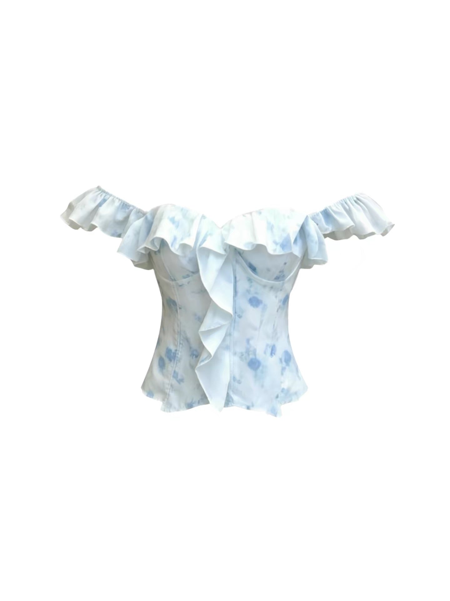 HEZA Women's Off-Shoulder Floral Ruffle Top with Boning & White Mini Skirt Set (Summer Slim-Fit Style)