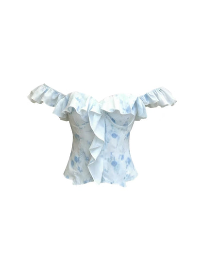 HEZA Women's Off-Shoulder Floral Ruffle Top with Boning & White Mini Skirt Set (Summer Slim-Fit Style)