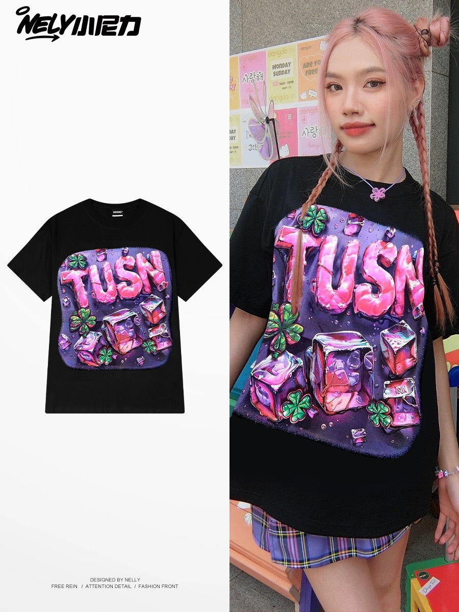 Nely American high street design letter ice cube short-sleeved men and women summer loose cotton half-sleeved T-shirt