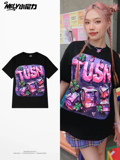 Nely American high street design letter ice cube short-sleeved men and women summer loose cotton half-sleeved T-shirt